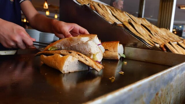Street food vendor preparing fresh grilled fish sandwiches on hot griddle at local market