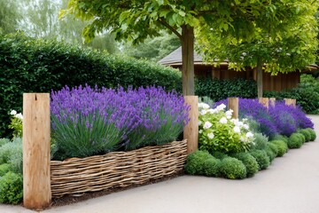 Fototapeta premium Lavender flowers blooming in beautifully structured garden design