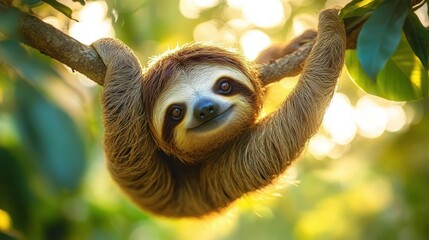 Fototapeta premium Smiling sloth hanging on a tree branch among green leaves in a sunlit tropical forest with a peaceful relaxed expression and warm golden bokeh background