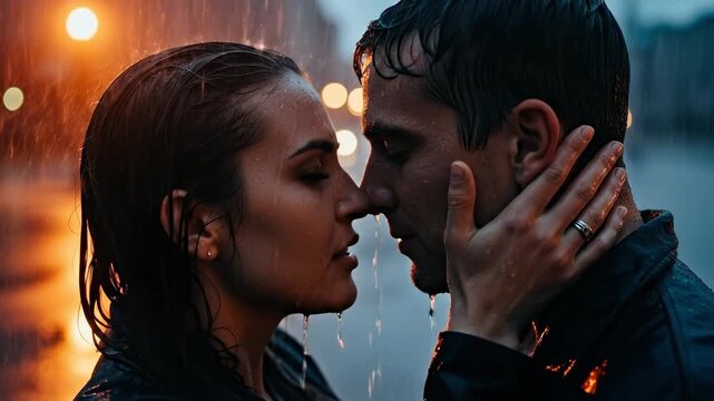 Young romantic couple kissing passionately in heavy rain at night, cinematic movie scene
