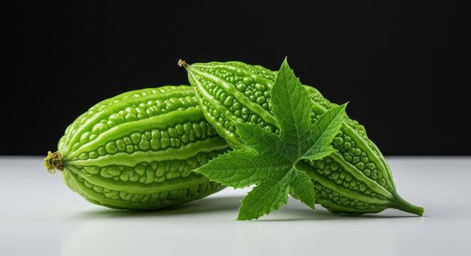 Freshly harvested bright green momordica fruit lying next to its ribbed, deeply lobed leaf, highlighting the bumpy texture, rough, produce, cultivated