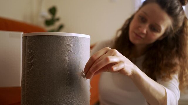 Homemaker is seen cleaning a dirty air purifier filter, removing a significant accumulation of dust, dirt, and hair to enhance the indoor air quality and prevent allergy issues within her household