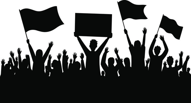 Crowd of people silhouettes holding flags and signs, public protest and demonstration, political rally celebration event