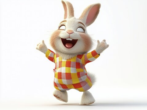 ecstatic fluffy white rabbit wearing a colorful checkered sweater jumping with arms raised