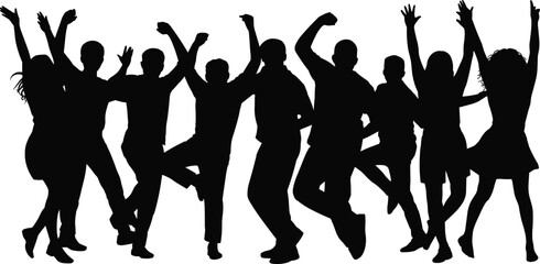 Fototapeta premium Happy group of friends jumping and cheering silhouettes collection, people celebrating success, unity and togetherness concept