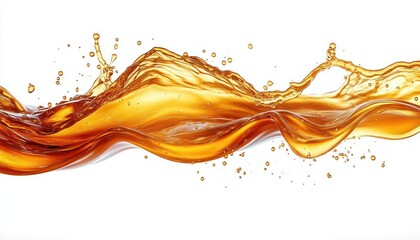 Fototapeta premium golden amber liquid wave and droplets flowing across a white background, dynamic glossy splash conveying energy and elegant motion