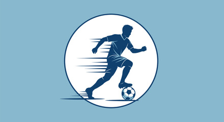 Obraz premium Stylized blue silhouette of a fast soccer player dribbling a ball forward inside a clean circular emblem design