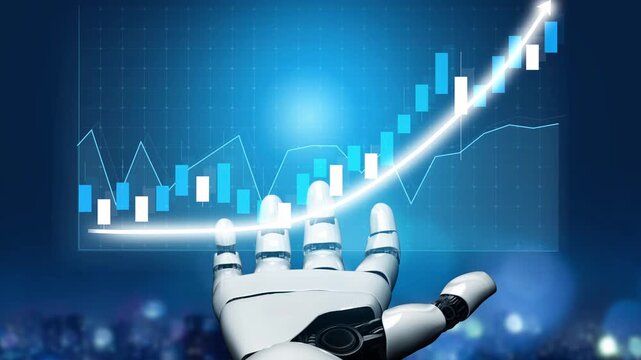 A robotic hand reaching for a glowing financial graph symbolizes the intersection of technology and finance, highlighting growth and innovation in data analysis. Copula