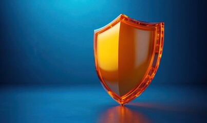 translucent orange glass shield standing on a reflective surface against a blue gradient background conveying protection and trust