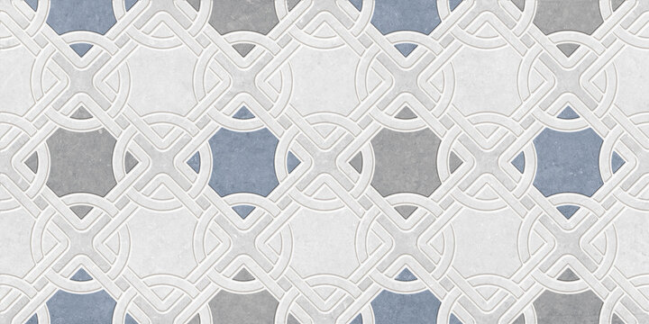 Seamless Geometric Pattern with Interlocking White Lines and Blue Gray Squares