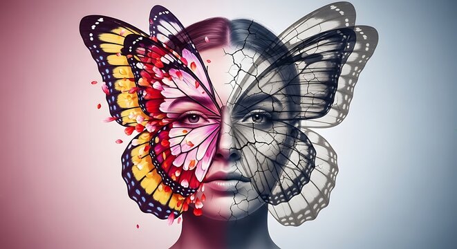 A woman's face merges with a butterfly, symbolizing transformation and growth in a surreal, dreamlike scene from a frontal viewpoint
