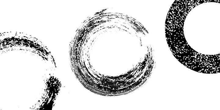 Vector illustration of three grunge ink circles in abstract brush stroke style with textured splatter, Japanese zen enso inspired design for minimalism, meditation and modern art themes