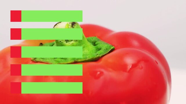 Vibrant red bell pepper with health data graphics. Useful for cooking shows, healthy recipes, vegetable promotions, or nutritional information.