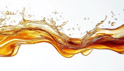 Fototapeta premium dynamic golden amber liquid splash with suspended droplets and flowing wave on a white background conveying energy and motion