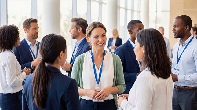 Diverse Professionals Networking at Business Conference, Multicultural Corporate People Engaging in Conversation, Professional Communication, Leadership and Inclusion in Modern Workplace