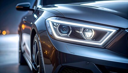 Obraz premium Sleek modern car's headlight and body panel gleaming under subtle lighting. Exterior shot close-up of auto's front