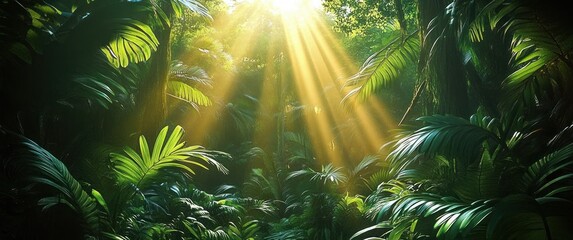 Fototapeta premium sunlit tropical jungle with dense palm fronds and lush green foliage, serene golden beams piercing the canopy