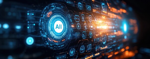 Obraz premium glowing circular AI hub surrounded by hexagonal data panels, neon blue and orange circuitry and rows of holographic icons, a dynamic futuristic interface evoking intense technological energy