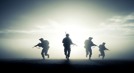 Fototapeta premium Military Soldiers Running Silhouette Sunset Terrain