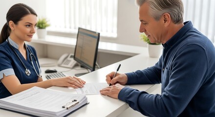 Obraz premium A male patient signs a document at a medical reception desk while a female nurse looks on.