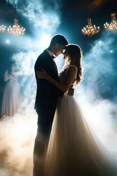 silhouetted bride and groom embracing during a slow dance on a foggy ballroom floor with glowing chandeliers and dramatic backlight, romantic and dreamy