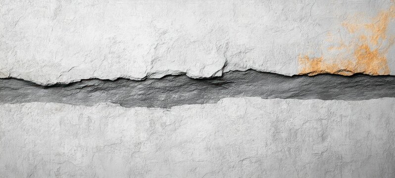 horizontal cracked plaster wall with dark exposed fissure and orange stain, textured surface suggesting decay and neglect