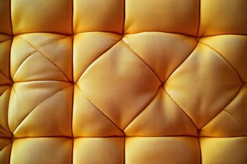 Naklejka premium close-up of tufted golden yellow quilted upholstery with diamond stitching, plush warm and inviting texture
