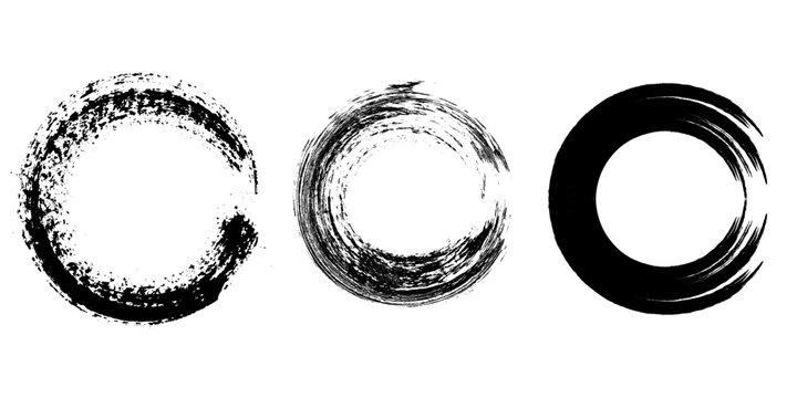 Vector illustration of three grunge ink circles in abstract brush stroke style with textured splatter, Japanese zen enso inspired design for minimalism, meditation and modern art themes