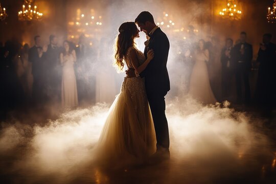 Couple in wedding attire sharing a romantic first dance on a fog-filled ballroom floor with warm chandeliers and guests watching in soft backlight