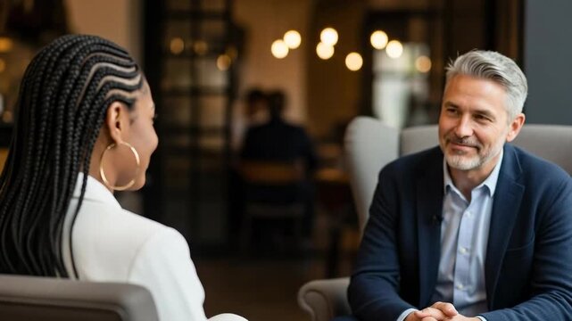 Professional Black woman executive leading mentorship session with senior white male colleague in office
