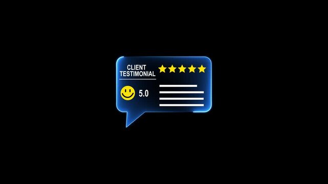 Client Testimonial Five Star Rating Speech Bubble Interface With Smiley Icon, Positive Business Review And Service Satisfaction Concept Animation
