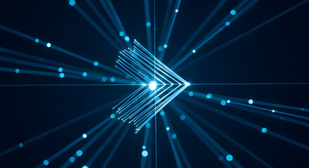 Abstract futuristic glowing blue arrow symbol composed of fiber optic light trails and digital data particles representing high-speed internet connectivity, motion, and technological.