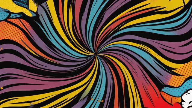 Pop art comic-style spiral radial animation, colorful swirling lines with high-contrast comi
