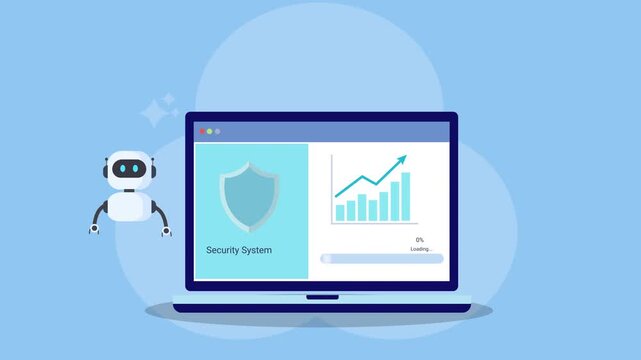 Animated AI robot beside laptop displaying secure business analytics dashboard with shield icon and rising bar chart. Concept of cybersecurity, data protection, automation, KPI monitoring, and digital