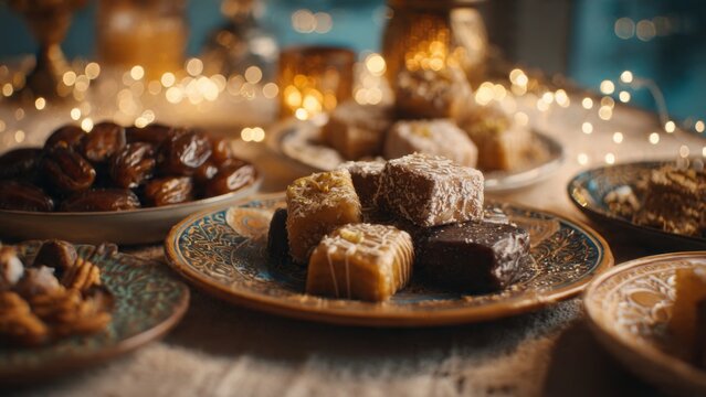 Middle Eastern Sweets and Dates Festive Table with Lights