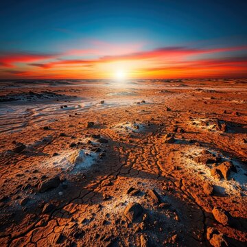 Vast arid plain stretching to the horizon, defined by layers of baked earth and scattered sharp, weathered stones and pebbles, climate, rough, exploration