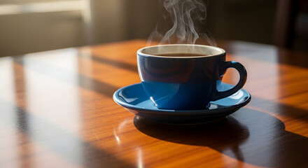 Fototapeta premium A blue coffee cup on a wooden table with steam rising