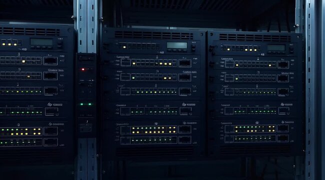 Rows of illuminated server racks in a dim data center.