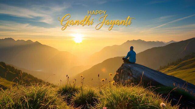 Calm meditation on mountain at sunrise celebrating gandhi jayanti greeting 4K HD high quality video.
