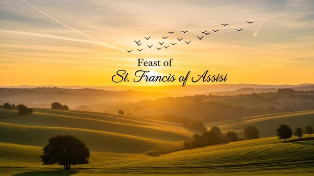 Feast of st francis of assisi golden sunrise landscape flock of birds flying over rolling hills 4K HD high quality video.
