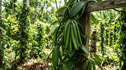 Obraz premium Fresh green organic leaves grow on a garden fence alongside healthy vegetable crops like peas and peppers in a lush summer agriculture field