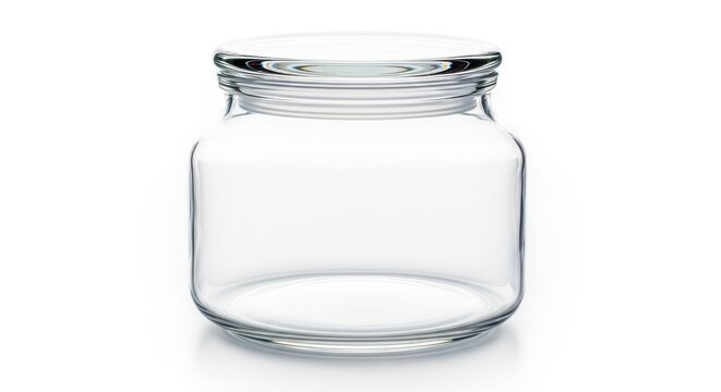 Empty glass container isolated on a bright white background, ready for storage or packaging. Transparency and reflection emphasized, storage, kitchen, jar