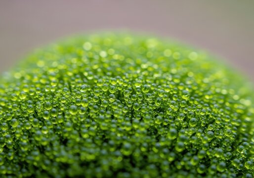 Extreme macro shot of bright green bryophyte moss covered in numerous small rain drops showing fine cellular texture and saturated natural color, tiny, clean, dew