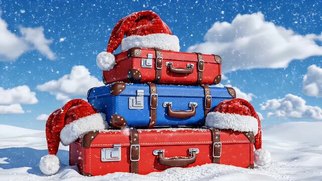 A stack of red and blue vintage suitcases are decorated with Santa hats in a snowy winter wonderland. The suitcases represent holiday travel and vacation planning.