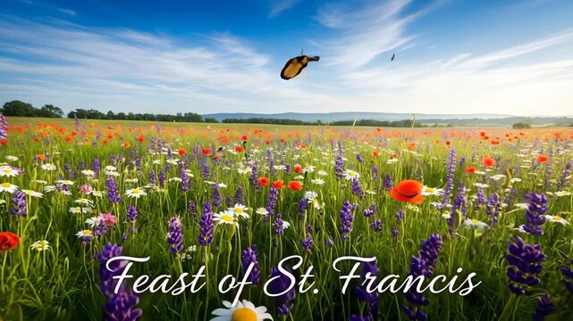 Wildflowers with flying butterflies in meadow during daytime featuring the feast of st francis theme 4K HD high quality video.
