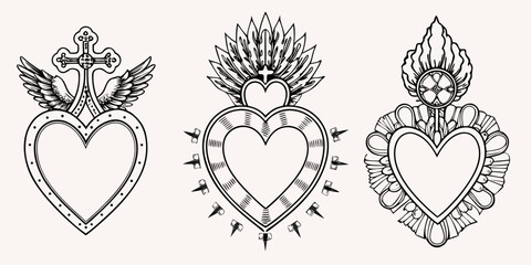Fototapeta premium Three ornate sacred heart illustrations with wings and religious symbols