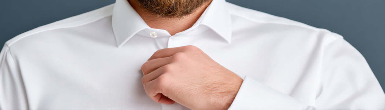 Man adjusting white shirt collar close up beard visible formal clothing detail minimal style cinematic close up business attire professional look male fashion buttoned shirt groomed hand casual