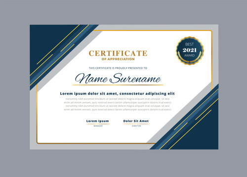 Certificate of Appreciation template with elegant blue and gold design