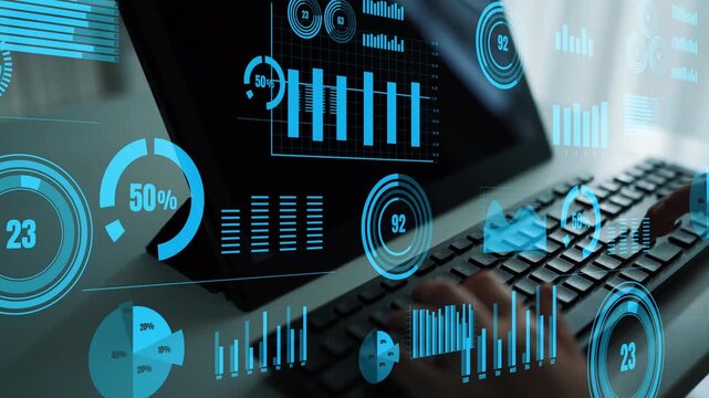 A business professional engages with digital data on a laptop, surrounded by modern graphs and statistical charts, illustrating data analysis in a contemporary workspace. Xenic