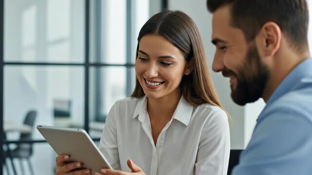 Young professional woman explaining digital marketing analytics on tablet to male coworker.